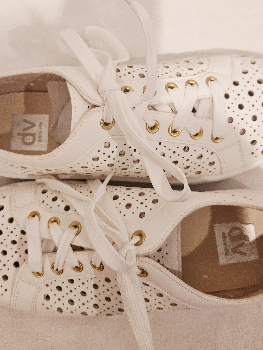 DV by Dolce Vita White Perforated Lace-Up Sneakers with Gold Eyelets